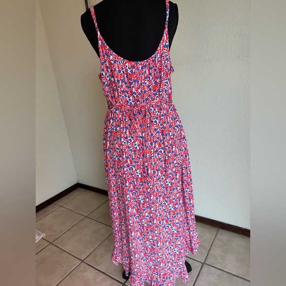 J. Crew Factory Ruffle Midi Curved Hem Dress 14 Women’s Red Blue Floral - Picture 3 of 8